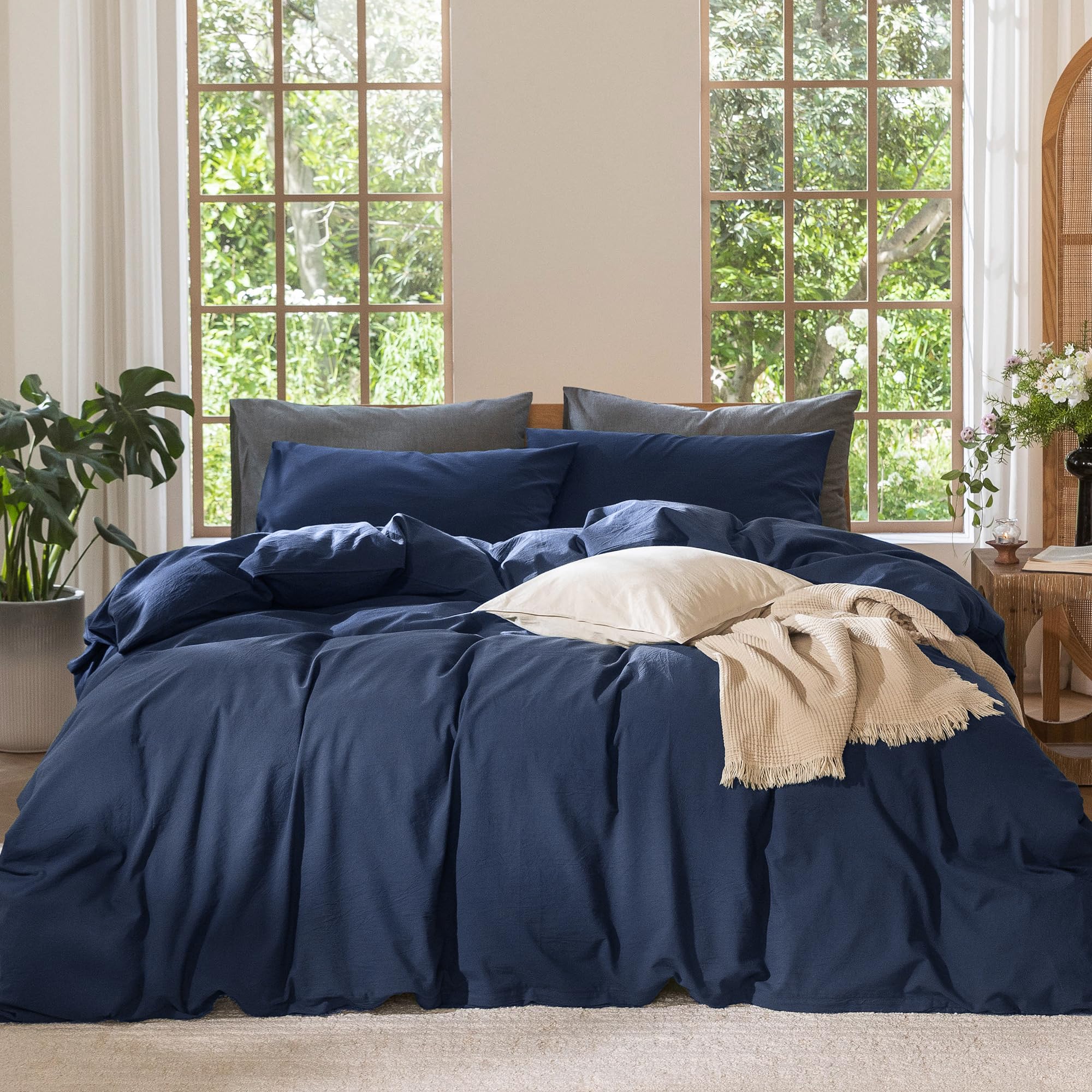 MooMee Bedding Duvet Cover Set 100% Washed Cotton Linen Like Textured Breathable Durable Soft Comfy (Heathered Tannish Linen Grey, Queen 90"x90")