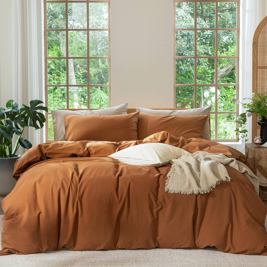MooMee Bedding Duvet Cover Set 100% Washed Cotton Linen Like Textured Breathable Durable Soft Comfy (Heathered Tannish Linen Grey, Queen 90"x90")