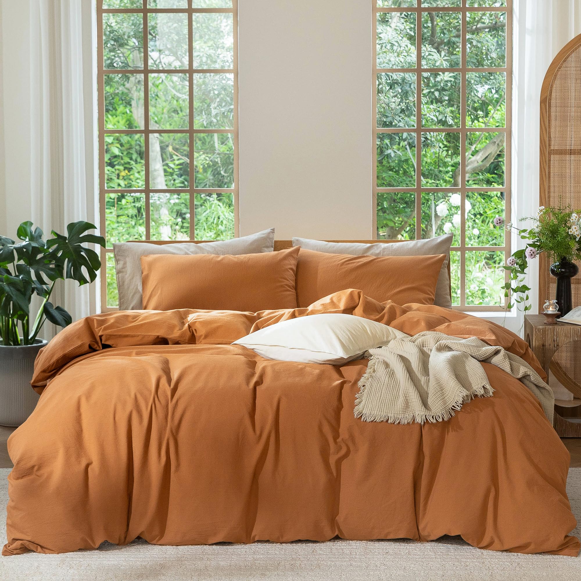 MooMee Bedding Duvet Cover Set 100% Washed Cotton Linen Like Textured Breathable Durable Soft Comfy (Heathered Tannish Linen Grey, Queen 90"x90")