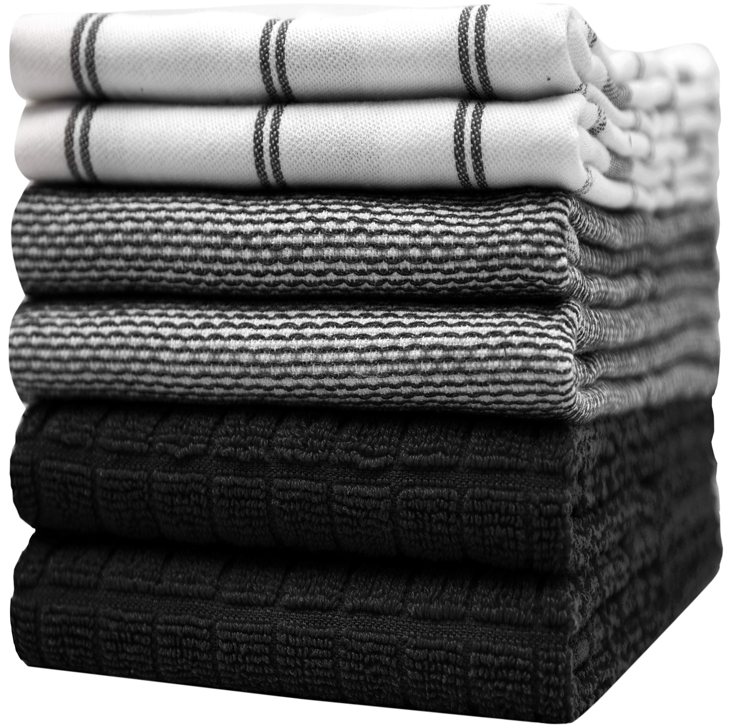 Premium Kitchen Towels (20”x 28”, 6 Pack) | Large Cotton Dish Towels | Flat & Terry Highly Absorbent Kitchen Linen Set with Hanging Loop | Gray