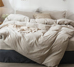 MooMee Bedding Duvet Cover Set 100% Washed Cotton Linen Like Textured Breathable Durable Soft Comfy (Heathered Tannish Linen Grey, Queen 90"x90")
