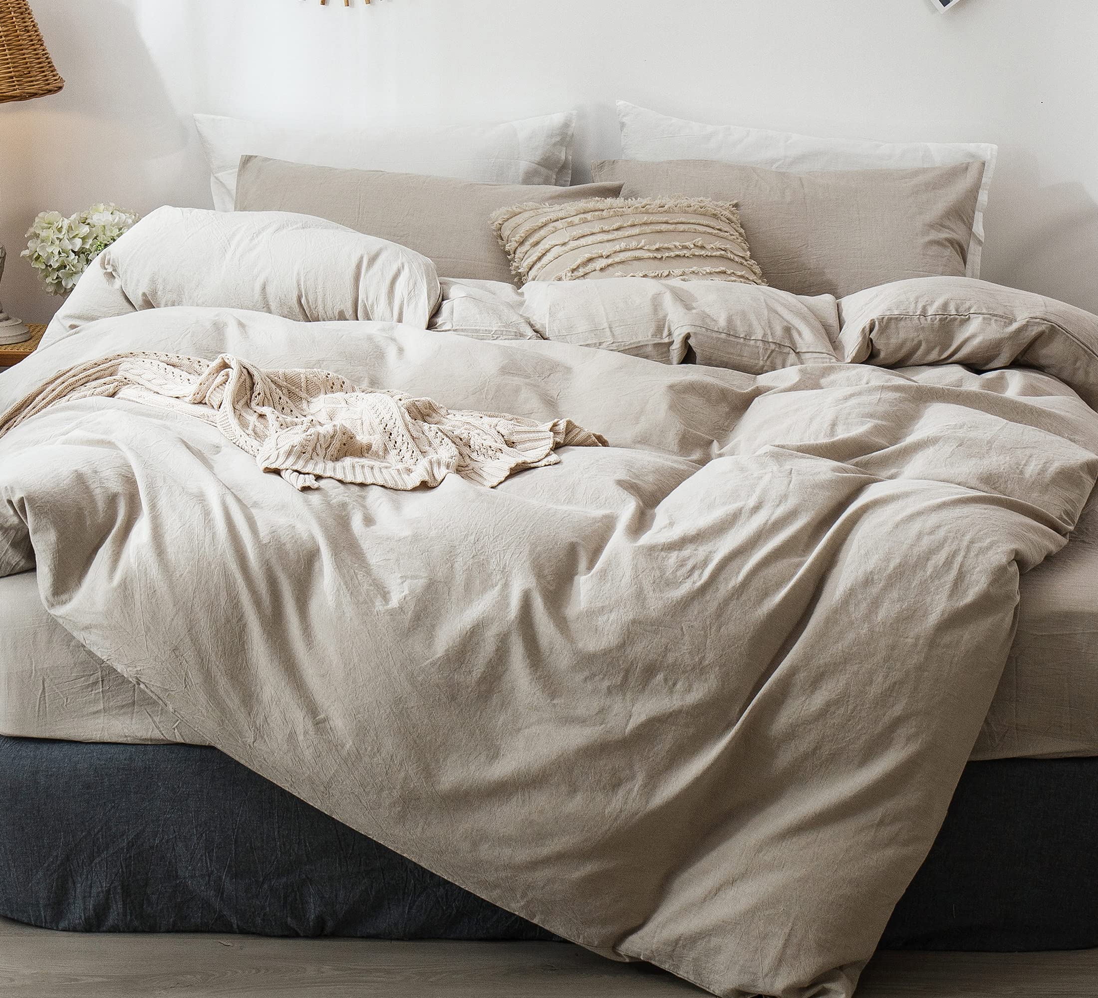 MooMee Bedding Duvet Cover Set 100% Washed Cotton Linen Like Textured Breathable Durable Soft Comfy (Heathered Tannish Linen Grey, Queen 90"x90")
