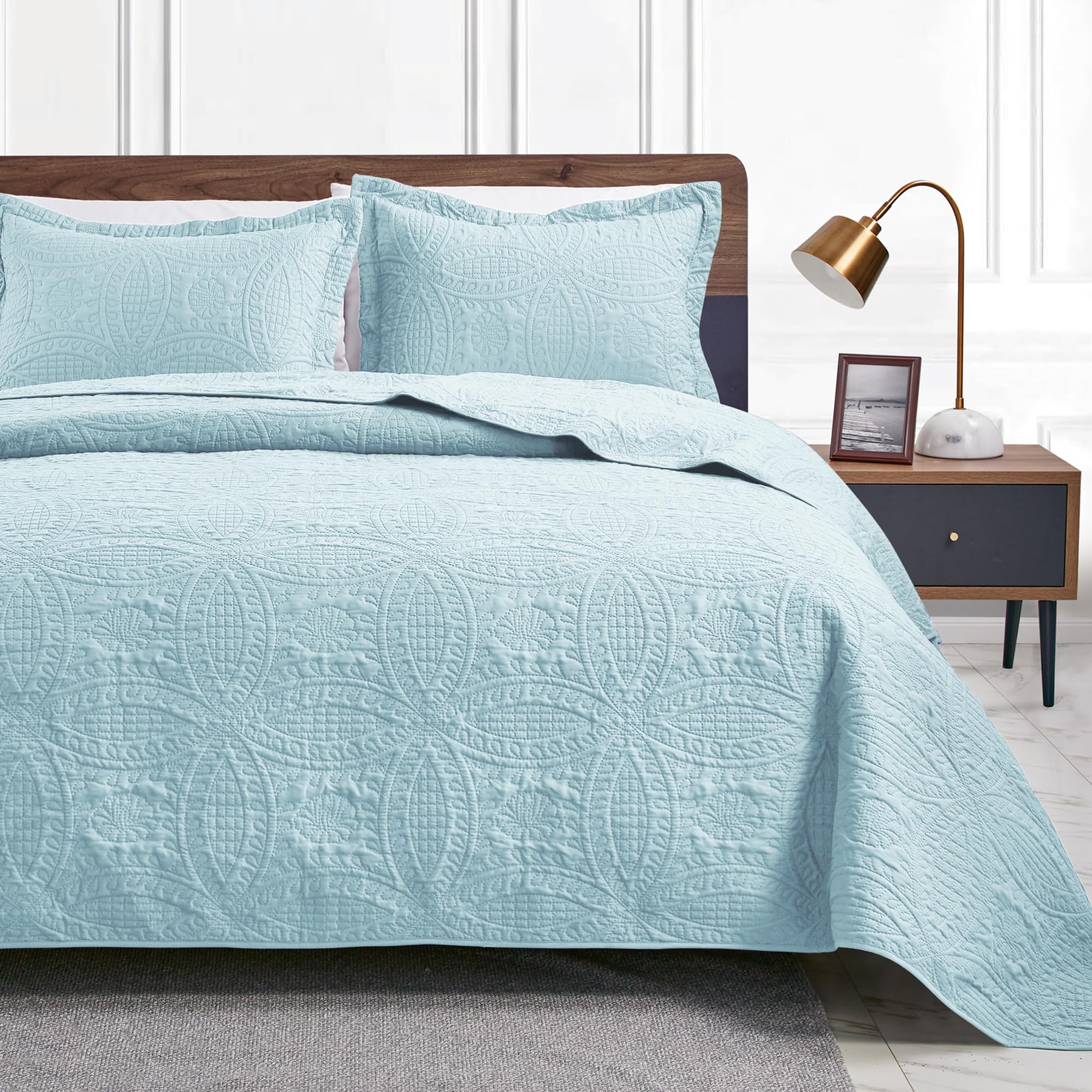 3 Piece Blue Queen Size Coin Pattern Lightweight All Season Quilt Bedspread Set with 2 Pillow Shams