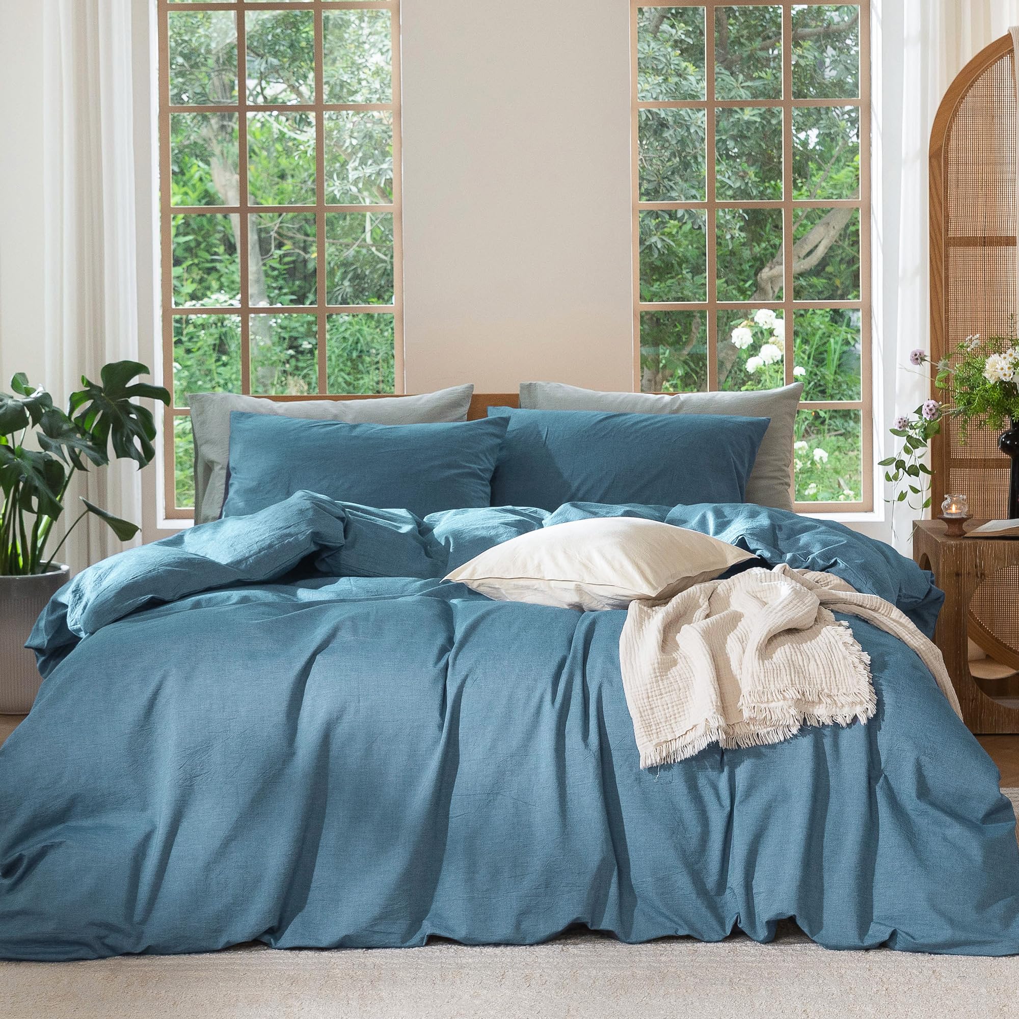 MooMee Bedding Duvet Cover Set 100% Washed Cotton Linen Like Textured Breathable Durable Soft Comfy (Heathered Tannish Linen Grey, Queen 90"x90")