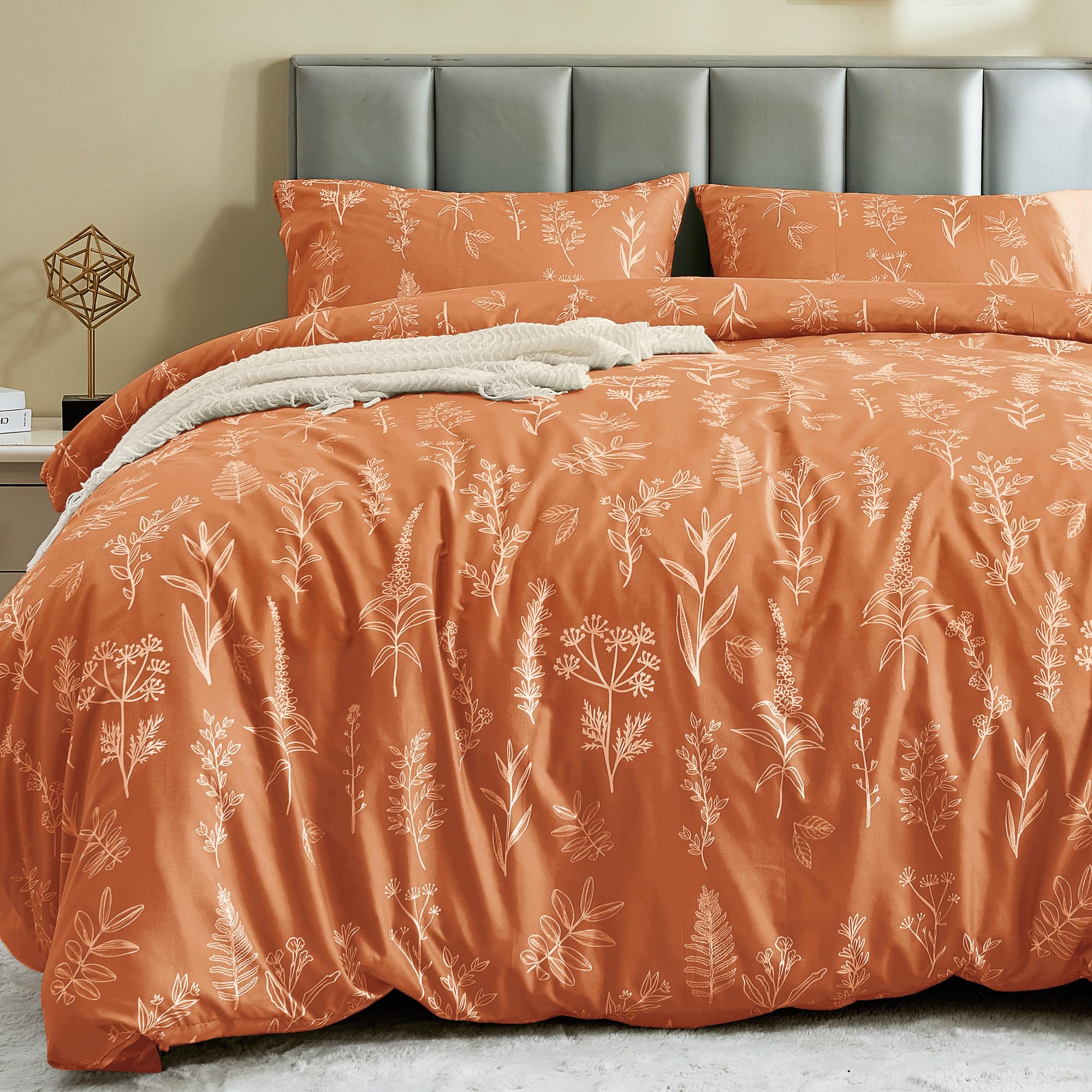 MUXHOMO Duvet Cover Queen Size, Reversible Floral Green Duvet Cover Set with Zipper Closure, 3 Pieces Botanical Patterns Soft Microfiber Bedding Set with 4 Ties (90"x90", 2 Pillow Cases)