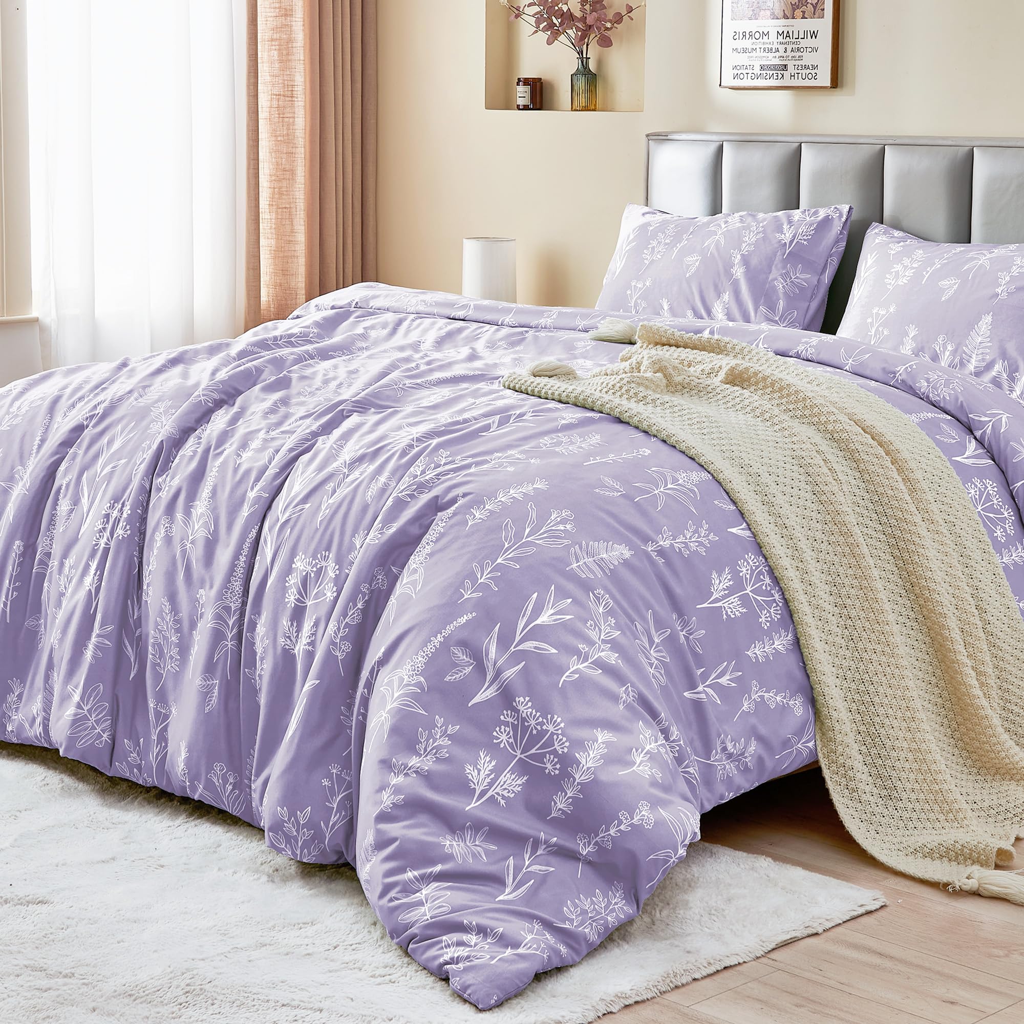 MUXHOMO Duvet Cover Queen Size, Reversible Floral Green Duvet Cover Set with Zipper Closure, 3 Pieces Botanical Patterns Soft Microfiber Bedding Set with 4 Ties (90"x90", 2 Pillow Cases)