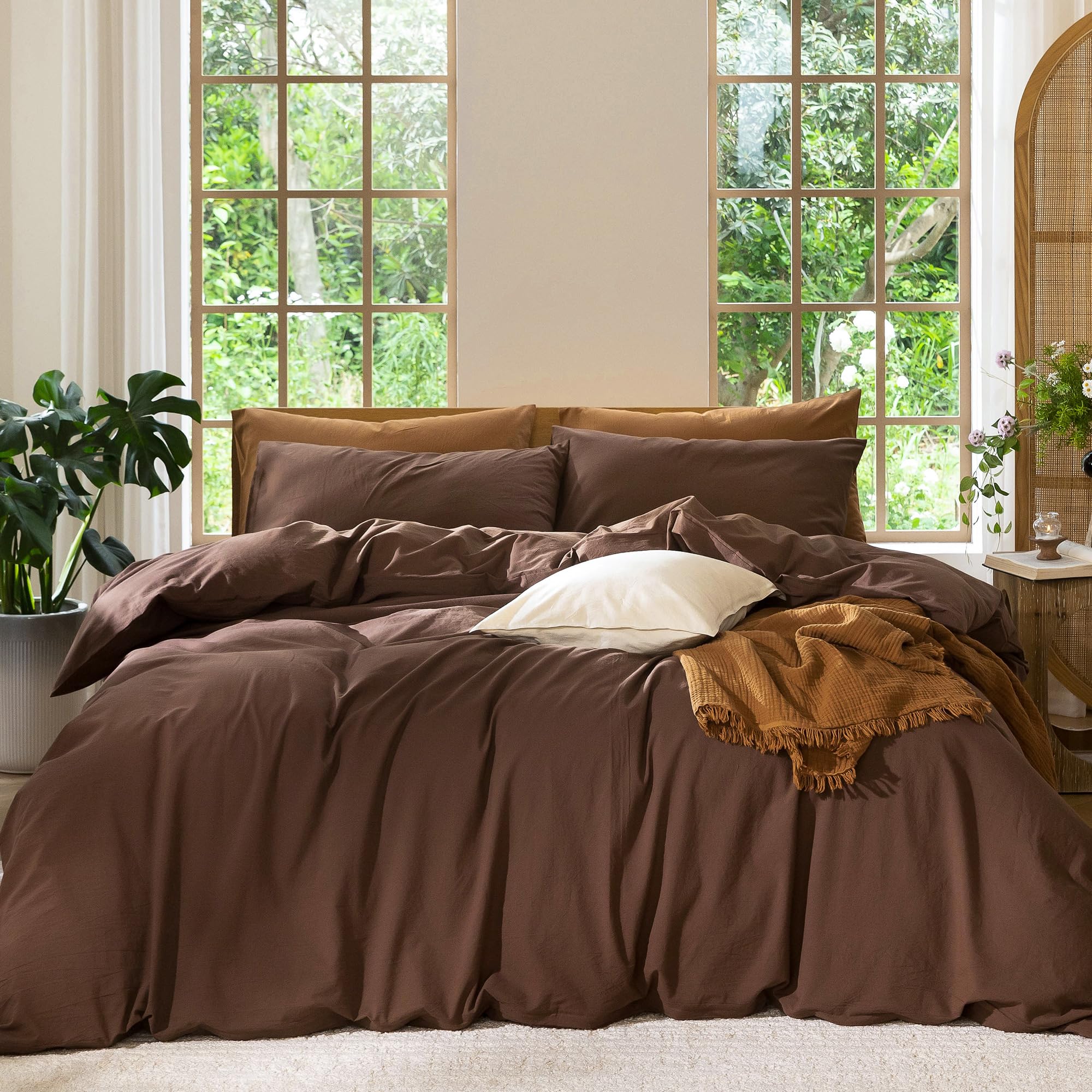 MooMee Bedding Duvet Cover Set 100% Washed Cotton Linen Like Textured Breathable Durable Soft Comfy (Heathered Tannish Linen Grey, Queen 90"x90")
