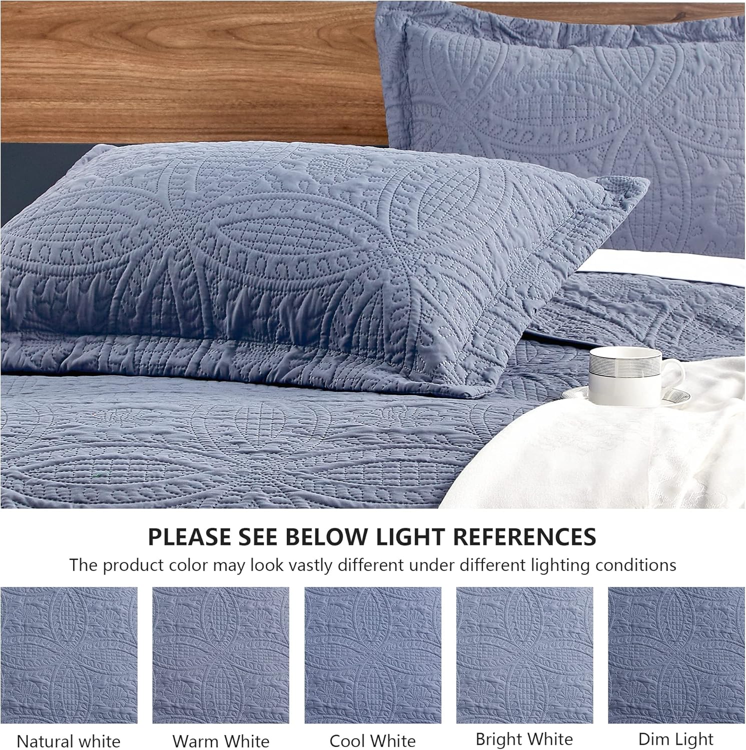 3 Piece Blue Queen Size Coin Pattern Lightweight All Season Quilt Bedspread Set with 2 Pillow Shams