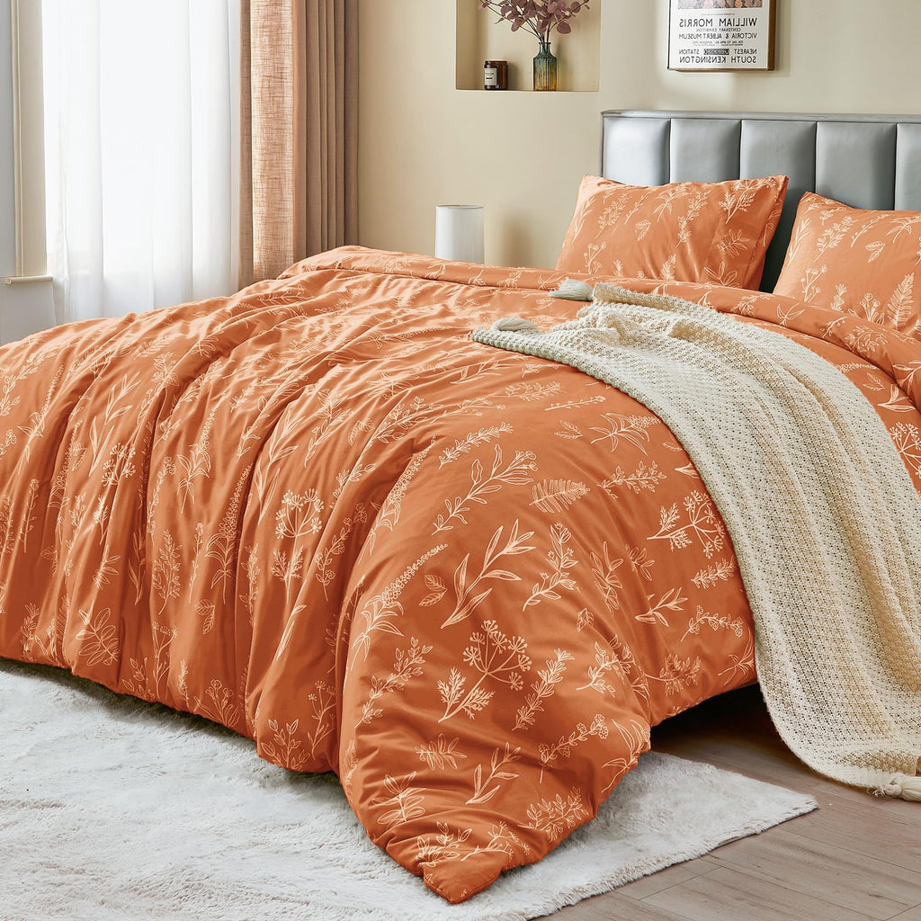 MUXHOMO Duvet Cover Queen Size, Reversible Floral Green Duvet Cover Set with Zipper Closure, 3 Pieces Botanical Patterns Soft Microfiber Bedding Set with 4 Ties (90"x90", 2 Pillow Cases)