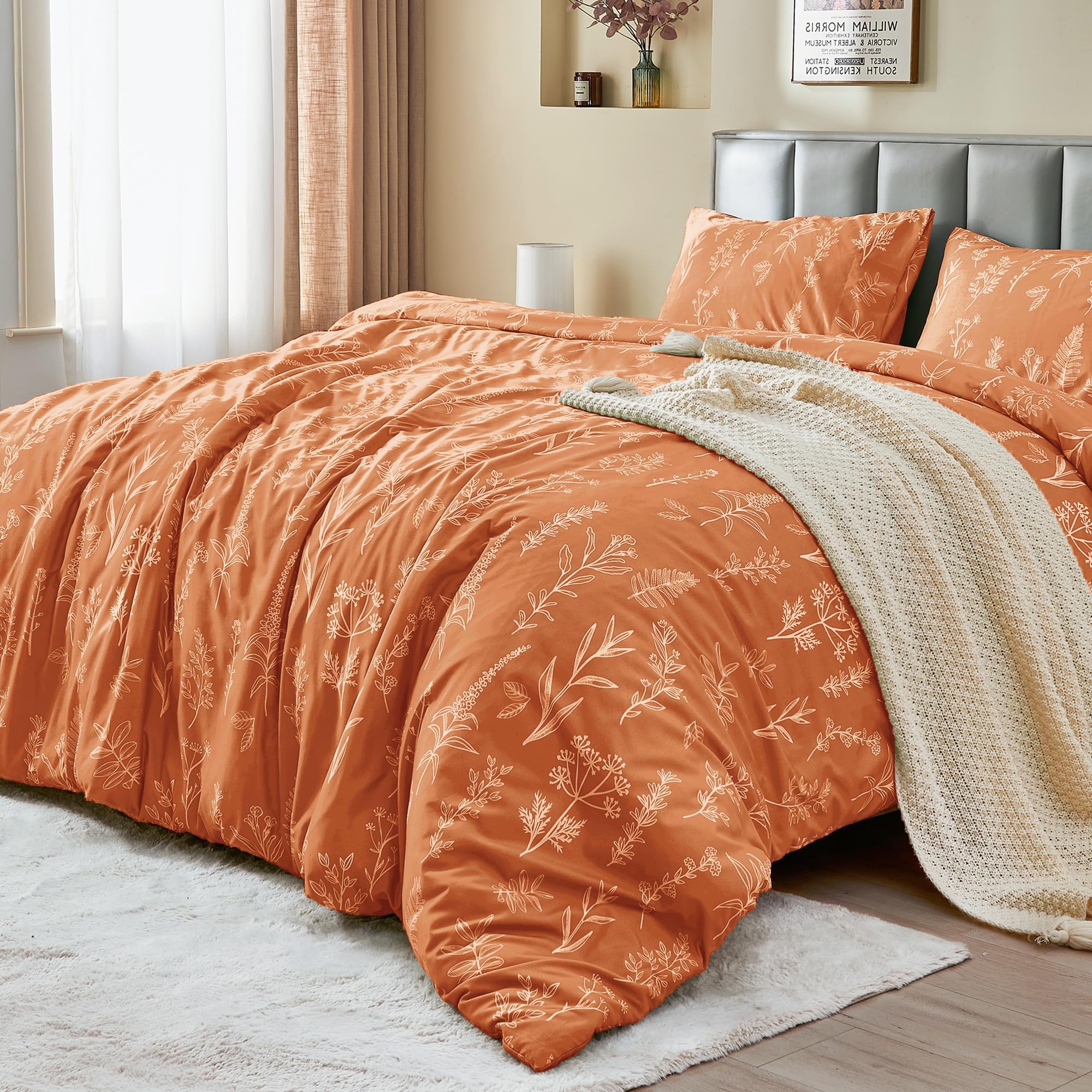 MUXHOMO Duvet Cover Queen Size, Reversible Floral Green Duvet Cover Set with Zipper Closure, 3 Pieces Botanical Patterns Soft Microfiber Bedding Set with 4 Ties (90"x90", 2 Pillow Cases)