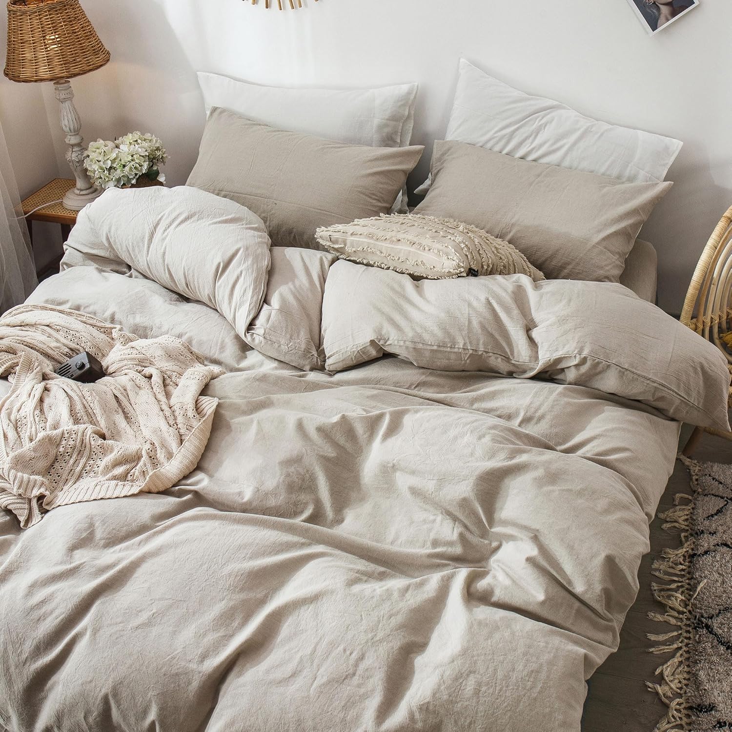 MooMee Bedding Duvet Cover Set 100% Washed Cotton Linen Like Textured Breathable Durable Soft Comfy (Heathered Tannish Linen Grey, Queen 90"x90")