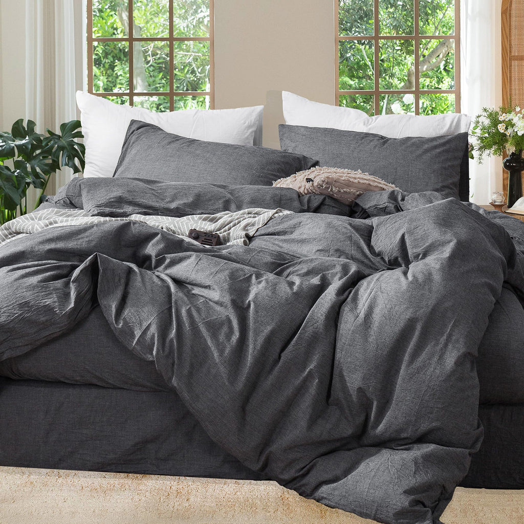 MooMee Bedding Duvet Cover Set 100% Washed Cotton Linen Like Textured Breathable Durable Soft Comfy (Heathered Tannish Linen Grey, Queen 90"x90")