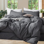 MooMee Bedding Duvet Cover Set 100% Washed Cotton Linen Like Textured Breathable Durable Soft Comfy (Heathered Tannish Linen Grey, Queen 90"x90")