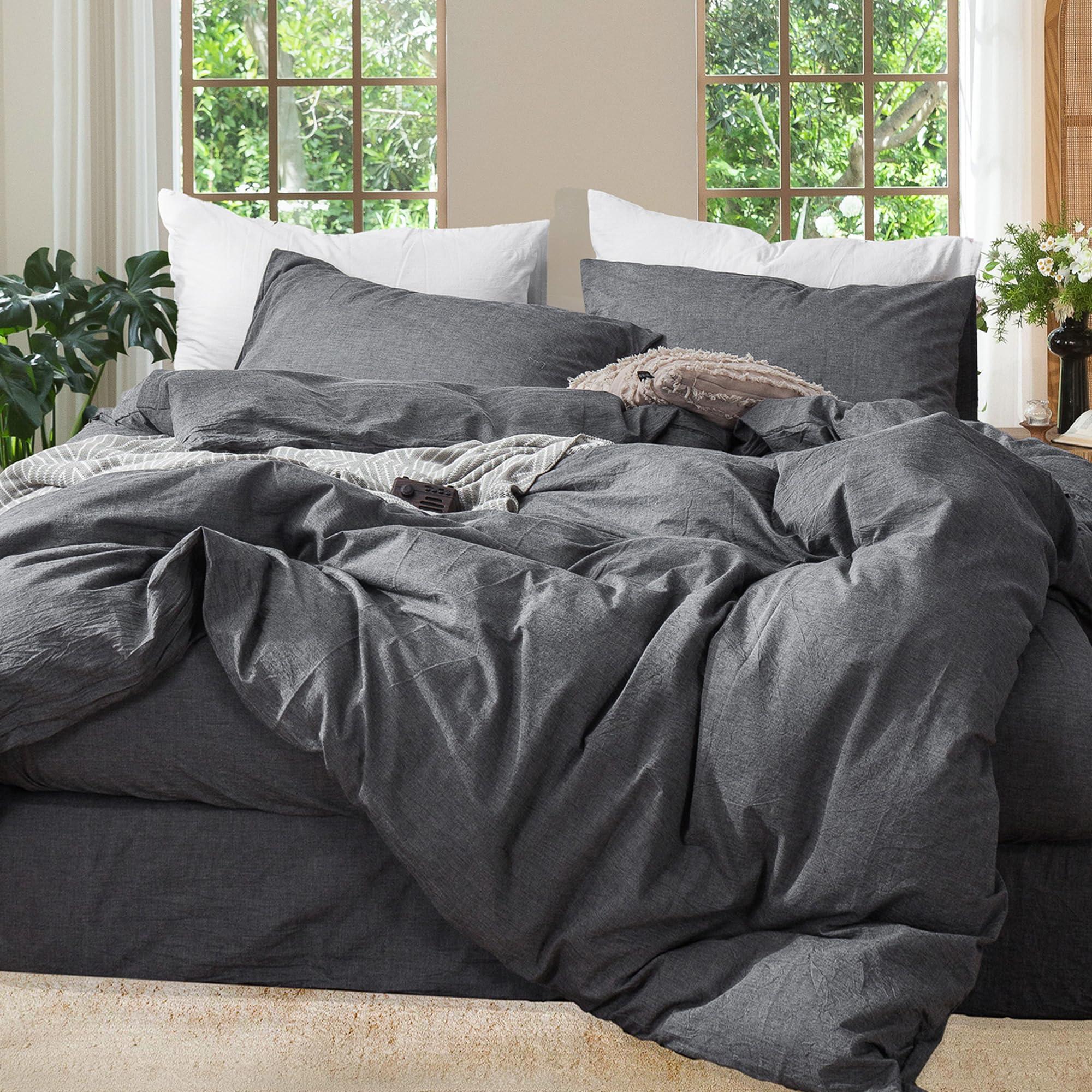 MooMee Bedding Duvet Cover Set 100% Washed Cotton Linen Like Textured Breathable Durable Soft Comfy (Heathered Tannish Linen Grey, Queen 90"x90")