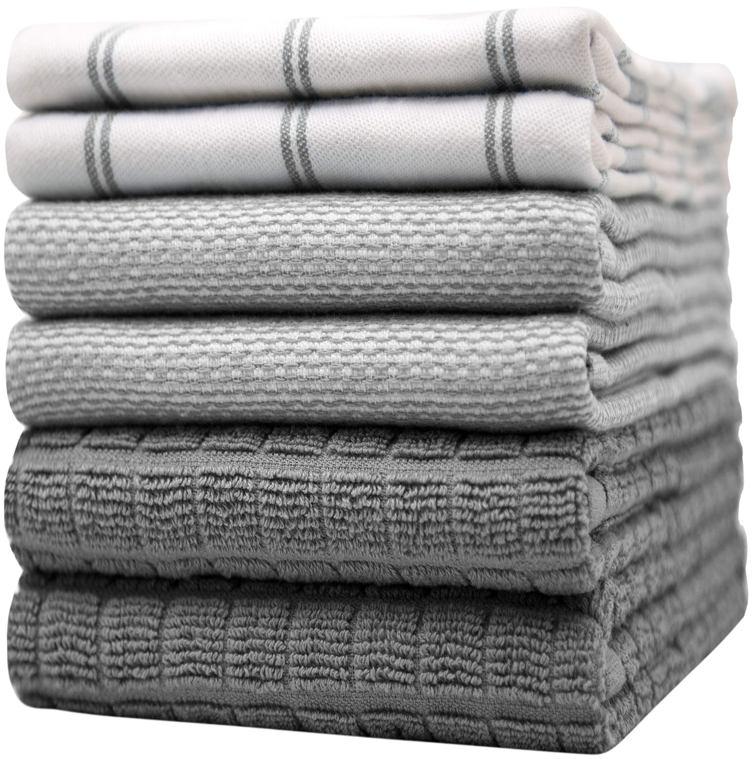 Premium Kitchen Towels (20”x 28”, 6 Pack) | Large Cotton Dish Towels | Flat & Terry Highly Absorbent Kitchen Linen Set with Hanging Loop | Gray