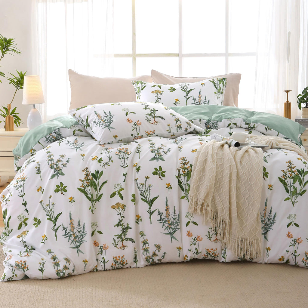 MUXHOMO Duvet Cover Queen Size, Reversible Floral Green Duvet Cover Set with Zipper Closure, 3 Pieces Botanical Patterns Soft Microfiber Bedding Set with 4 Ties (90"x90", 2 Pillow Cases)