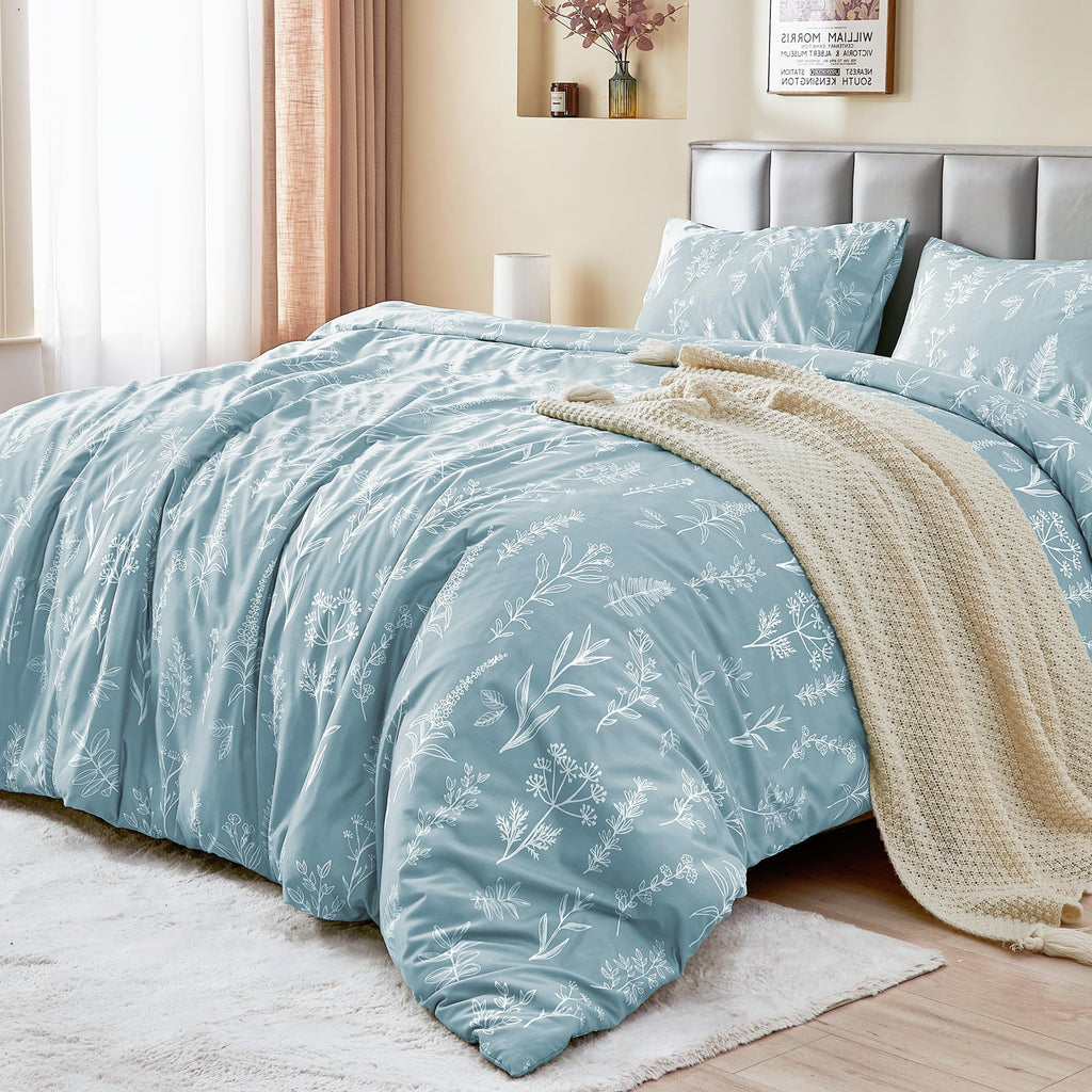 MUXHOMO Duvet Cover Queen Size, Reversible Floral Green Duvet Cover Set with Zipper Closure, 3 Pieces Botanical Patterns Soft Microfiber Bedding Set with 4 Ties (90"x90", 2 Pillow Cases)