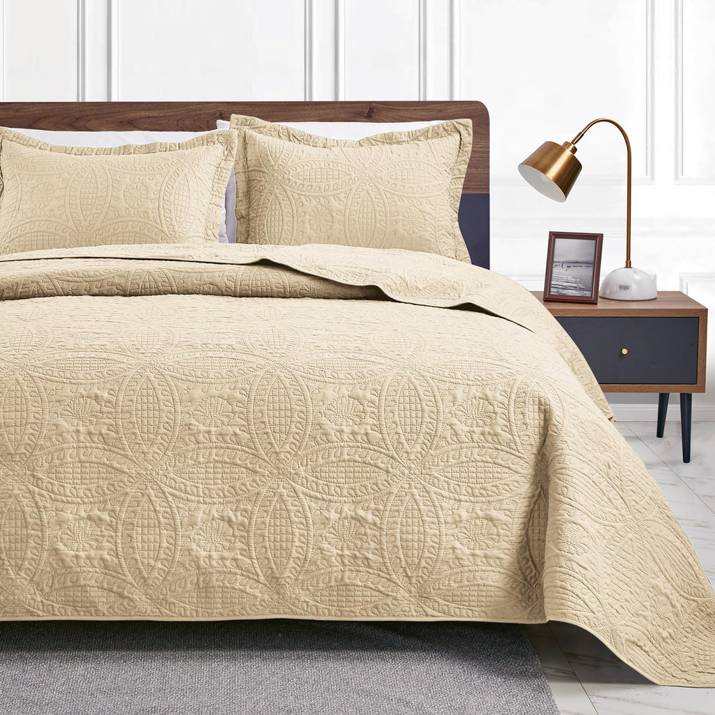 3 Piece Blue Queen Size Coin Pattern Lightweight All Season Quilt Bedspread Set with 2 Pillow Shams